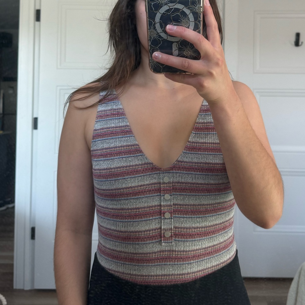 Striped Sparkly False Button Thong Bodysuit